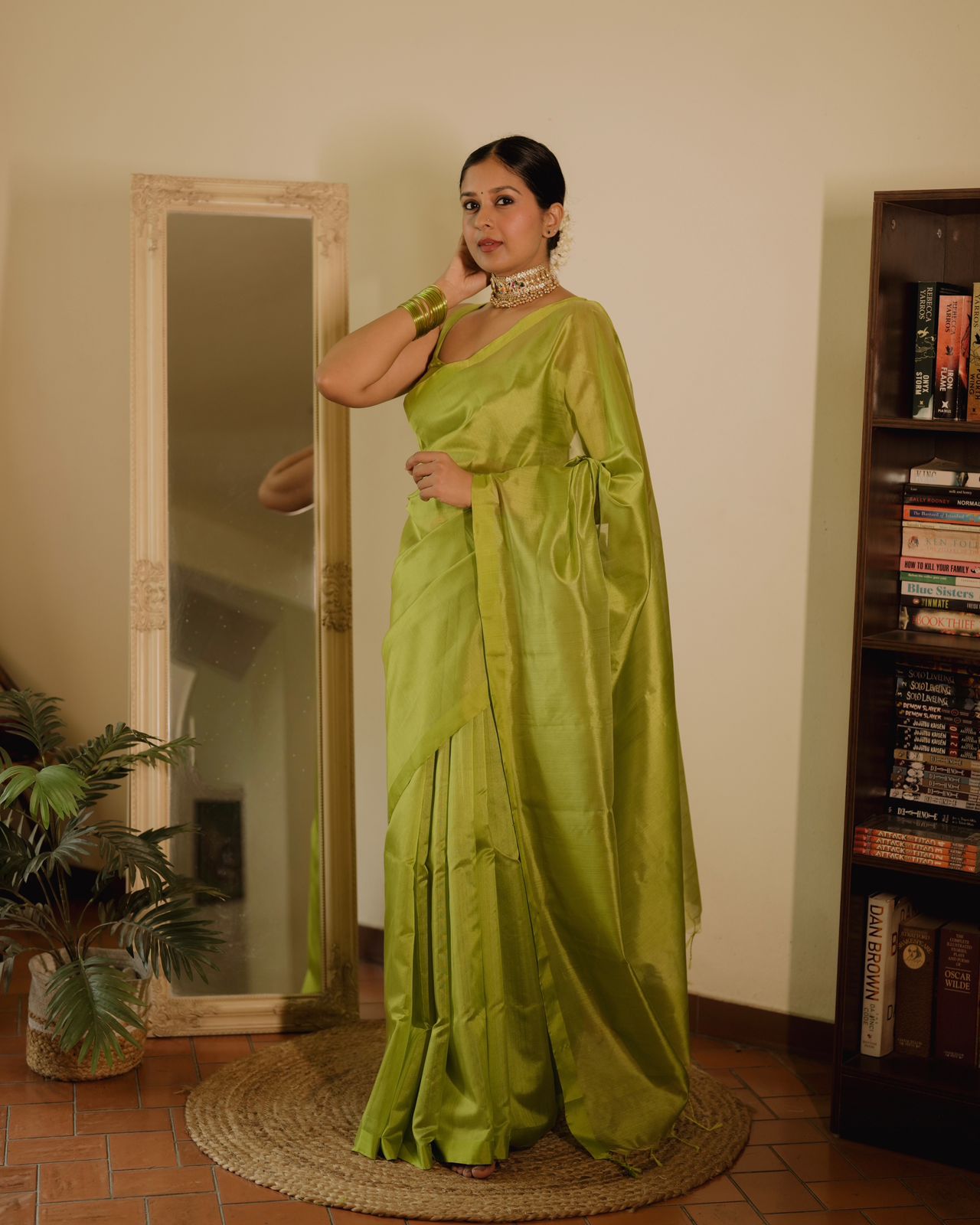 Olive green Chanderi silk saree with silk border