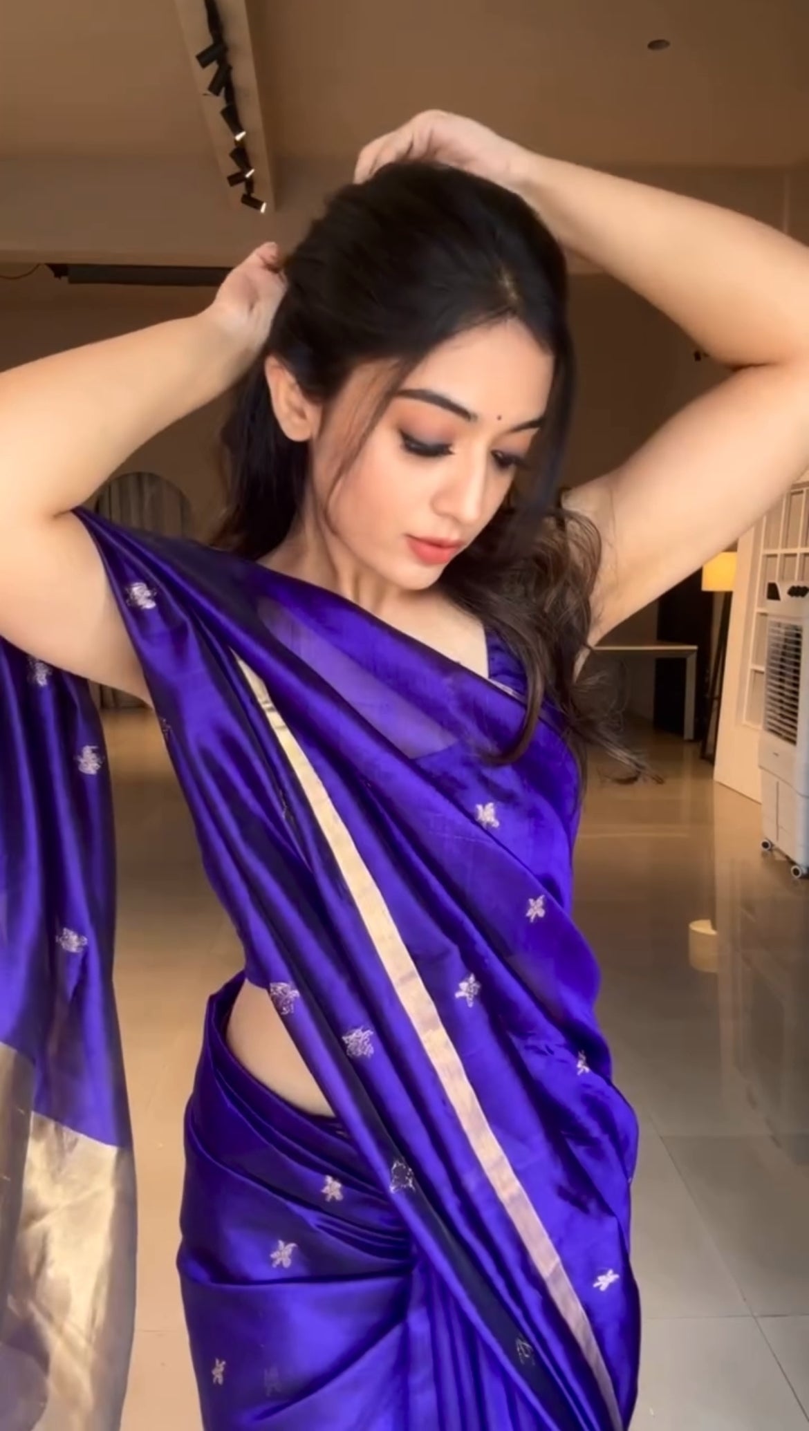 Dark Purple Chanderi Silk Saree with Flower Bootis, ready-to-wear edition