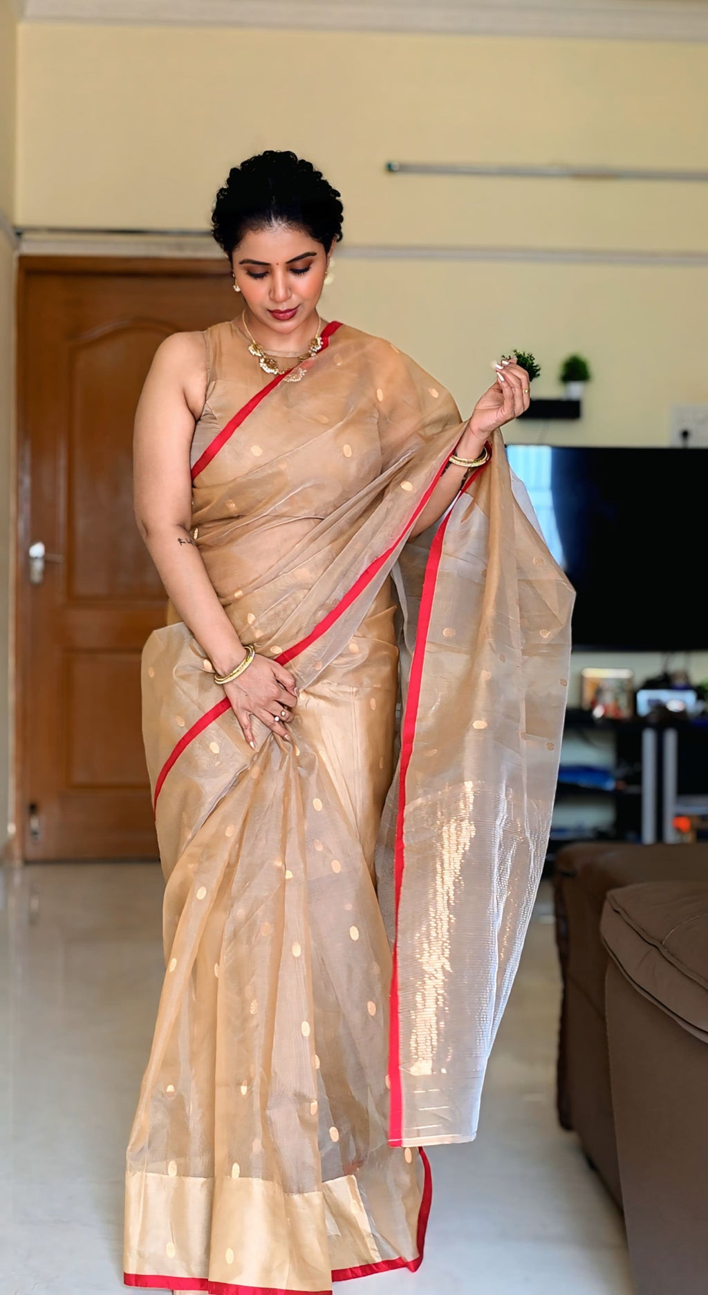 Beige gold and red Chanderi silk saree with zari bootis all over
