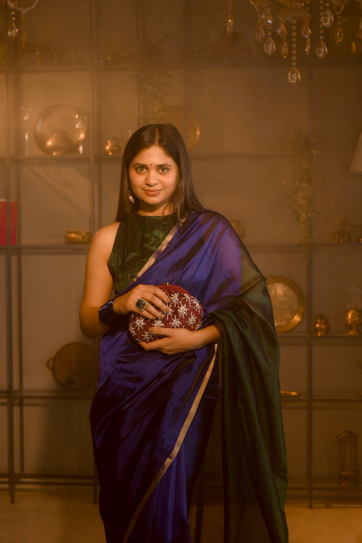 Indigo and green Chanderi silk saree with zari border