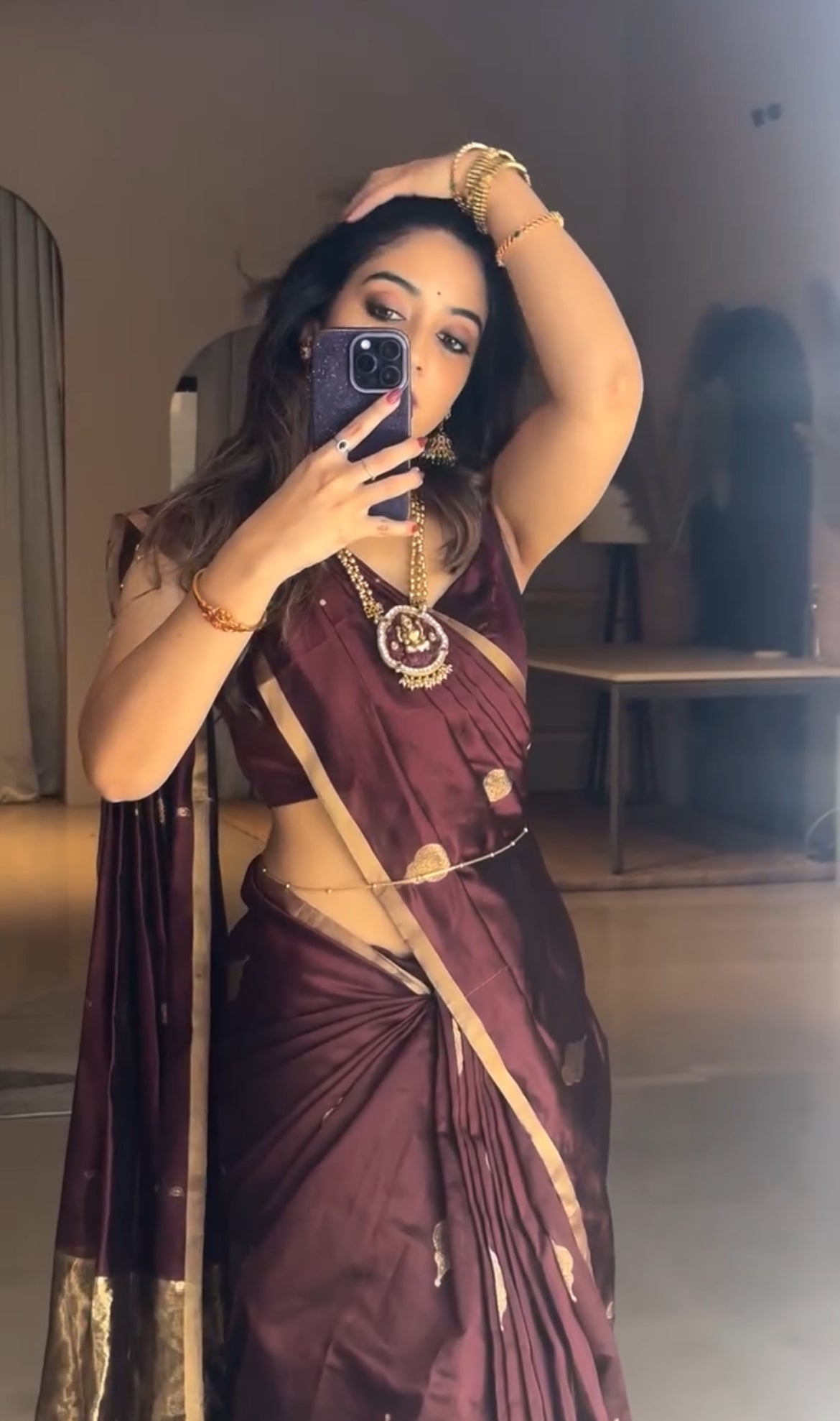 Mahogany chanderi silk saree with jhoomar motifs all over