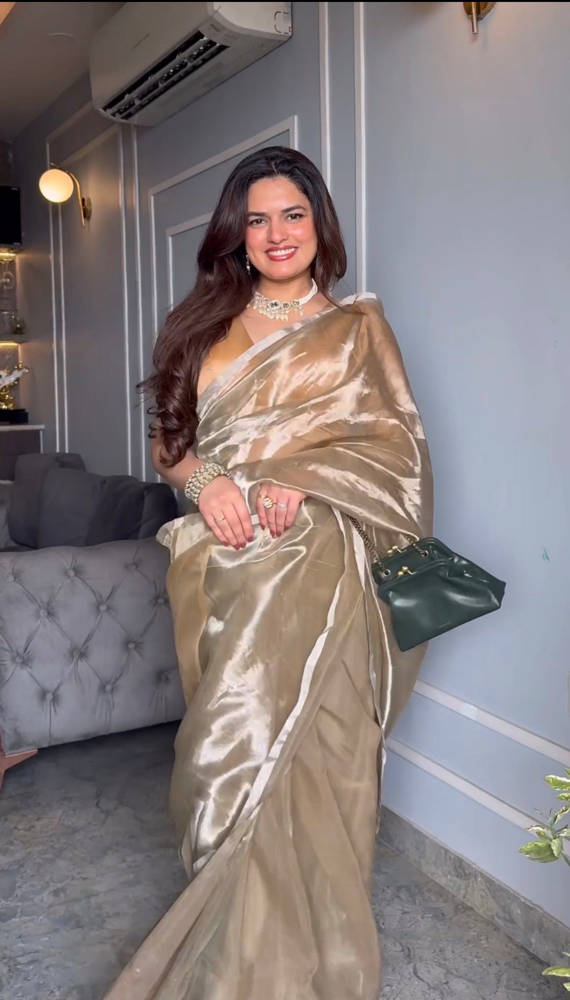 Champagne Chanderi tissue silk saree with silver zari border