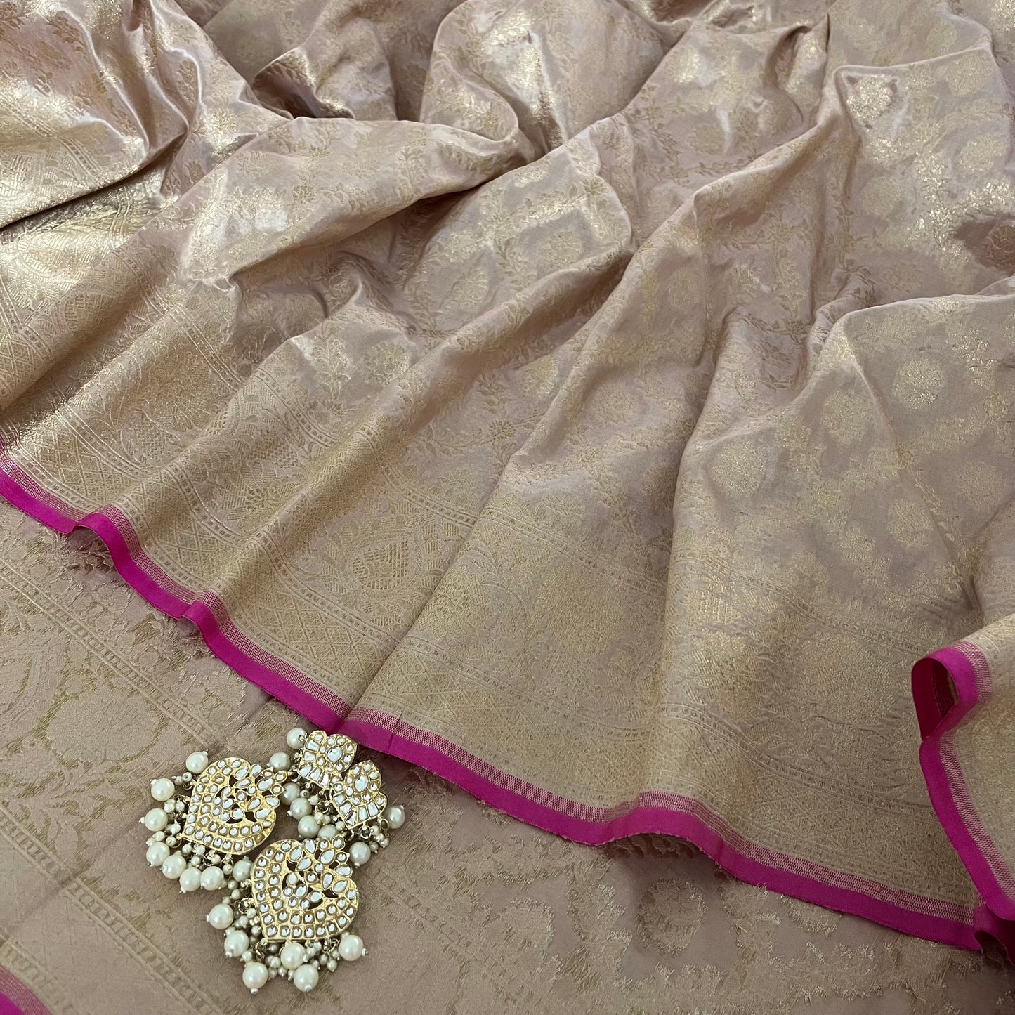 Sand and pink Banarasi katan silk saree with zari jaal work all over