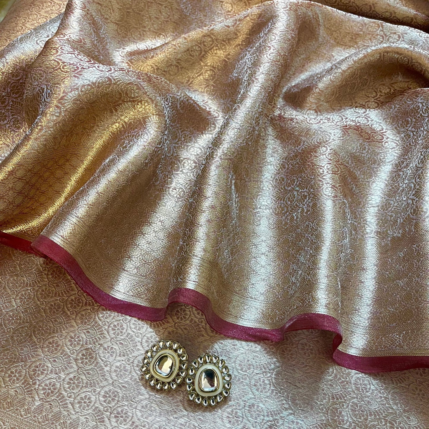 Champagne & Red Banarasi Brocade silk saree with zari pattern all over