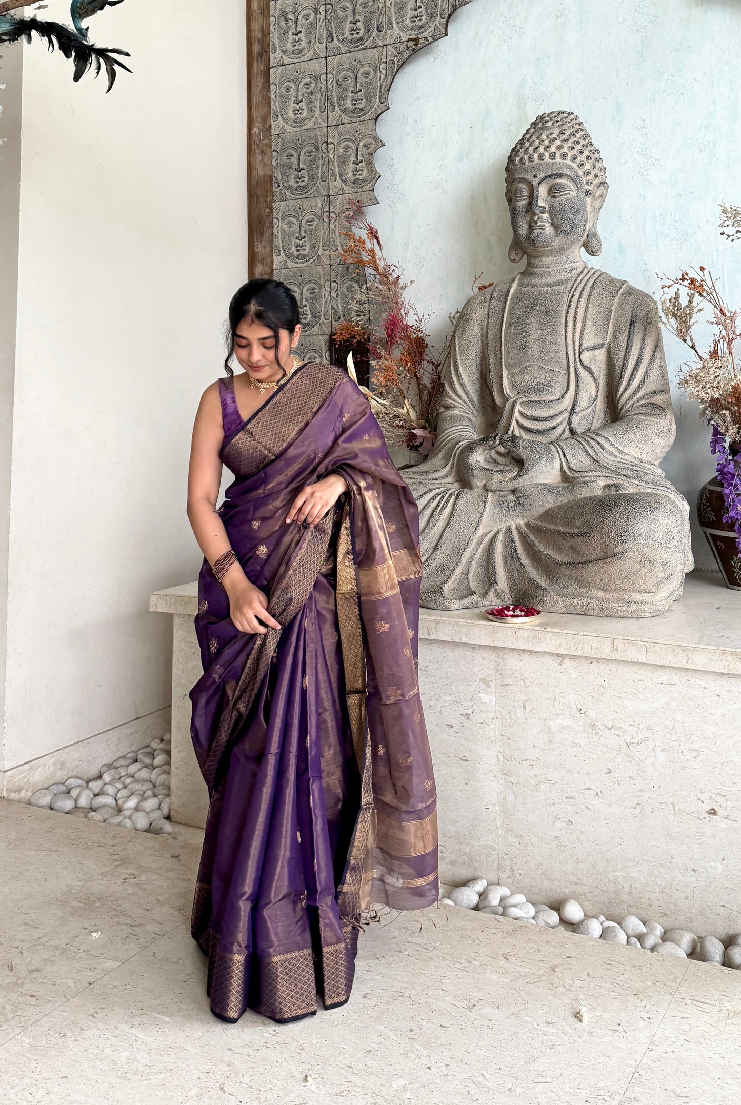 Dark purple maheshwari tissue silk saree with flower motifs all over