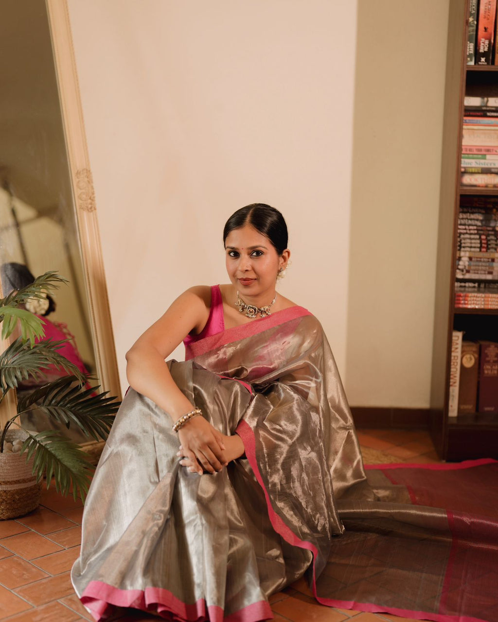 Silver grey and pink Chanderi tissue silk saree with zari lines on pallu