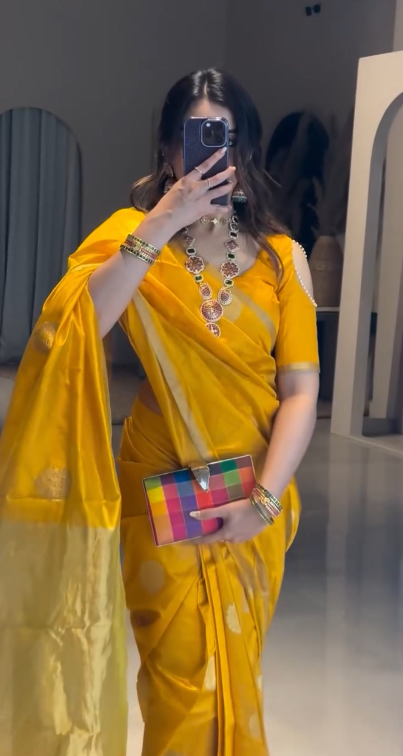 Yellow chanderi silk saree with mor motifs all over