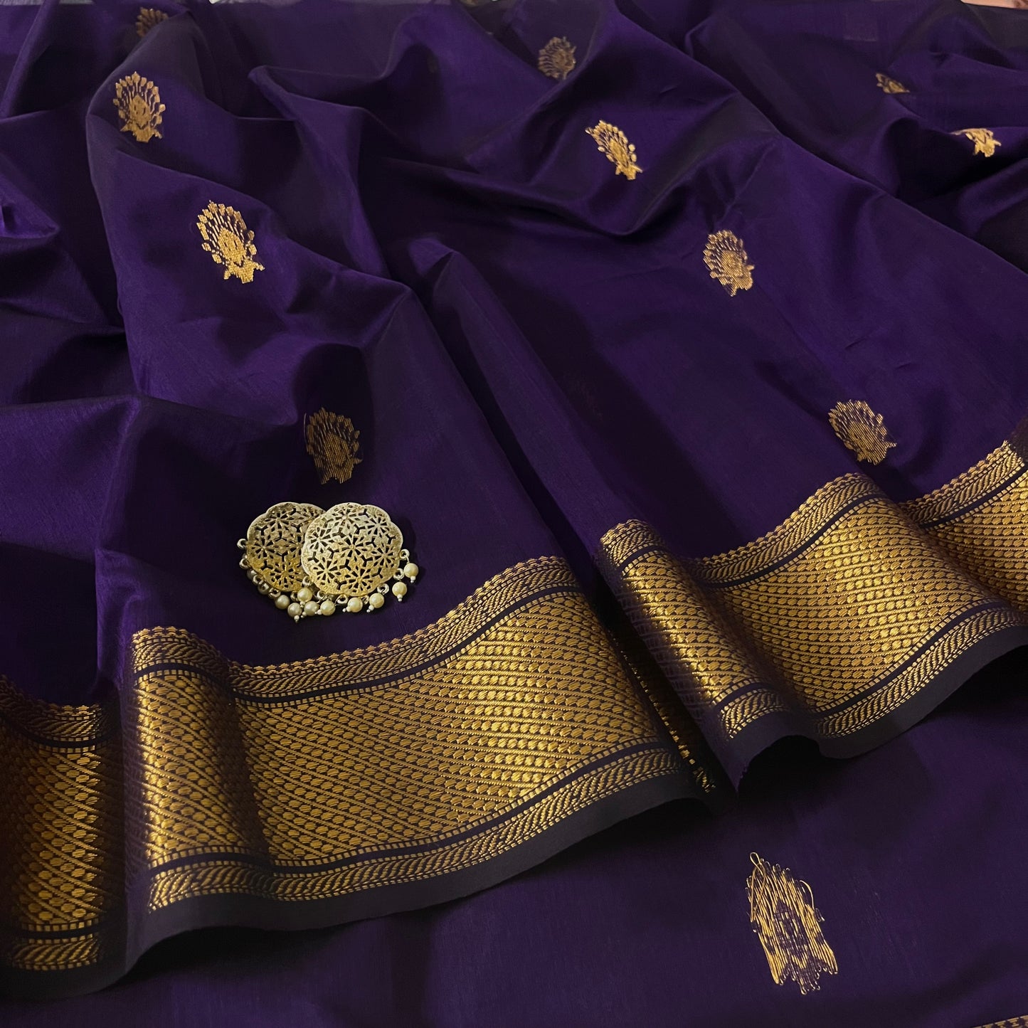 Dark purple Maheshwari saree with zari motifs all over