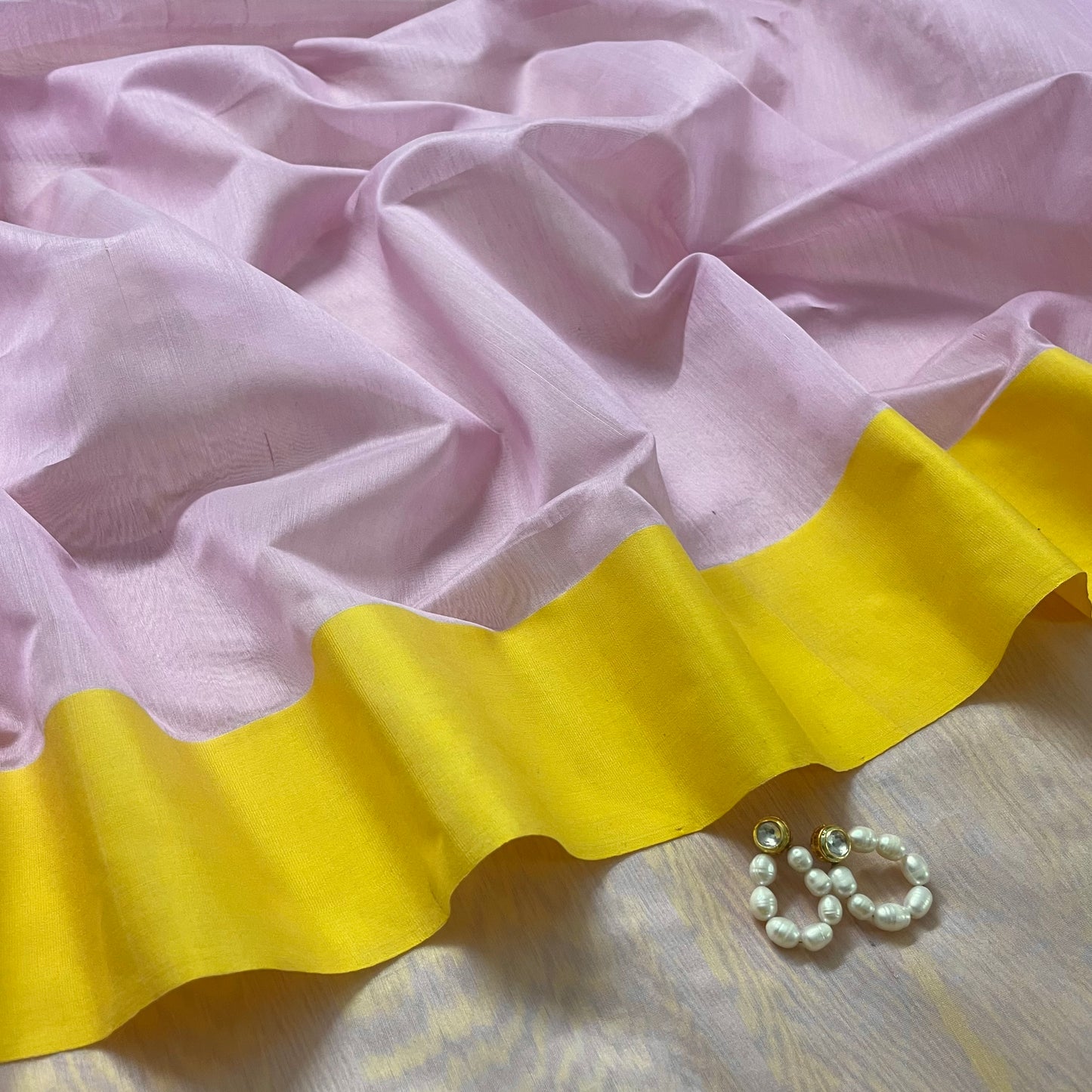Pink and lemon Chanderi saree with zari lines on pallu