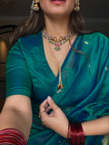 Ready to wear | Peacock Green & Blue Dual Tone Maheshwari Saree with Zari Bootis all over
