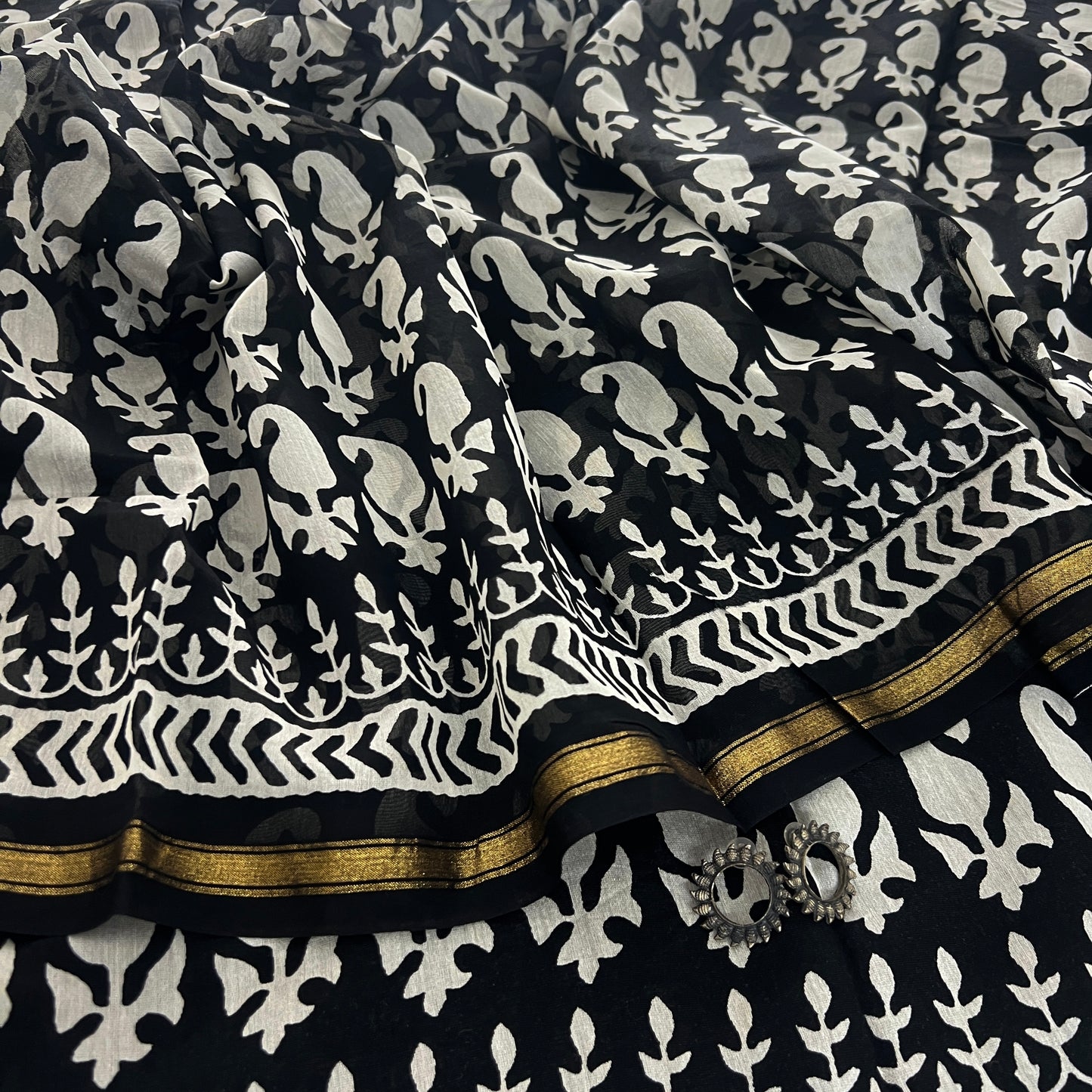 Black and white block print Chanderi saree