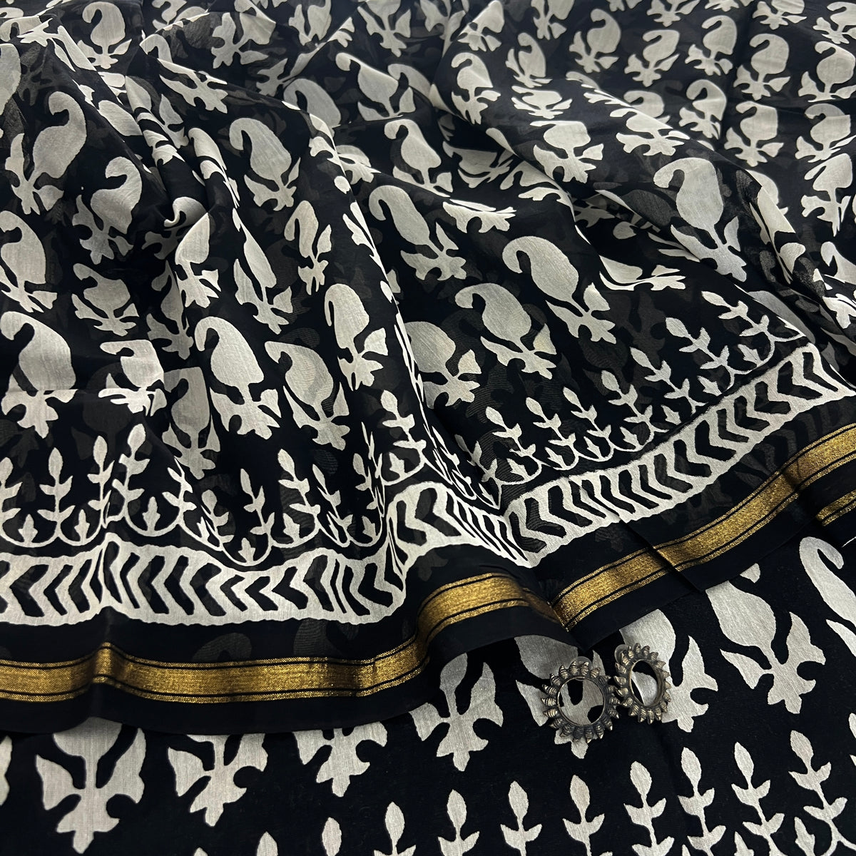 Black & White Block Print Chanderi Saree