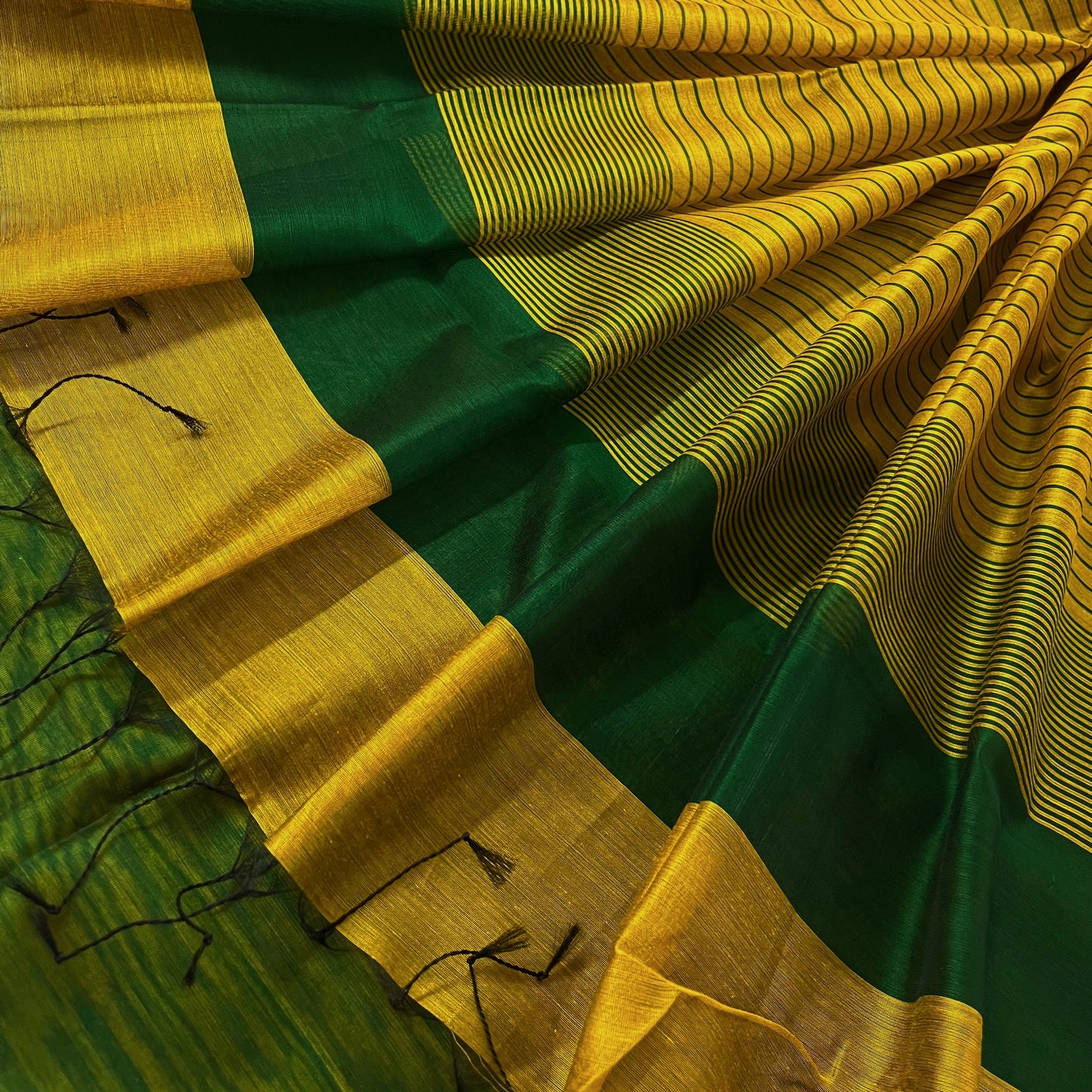 Mustard and green maheshwari saree