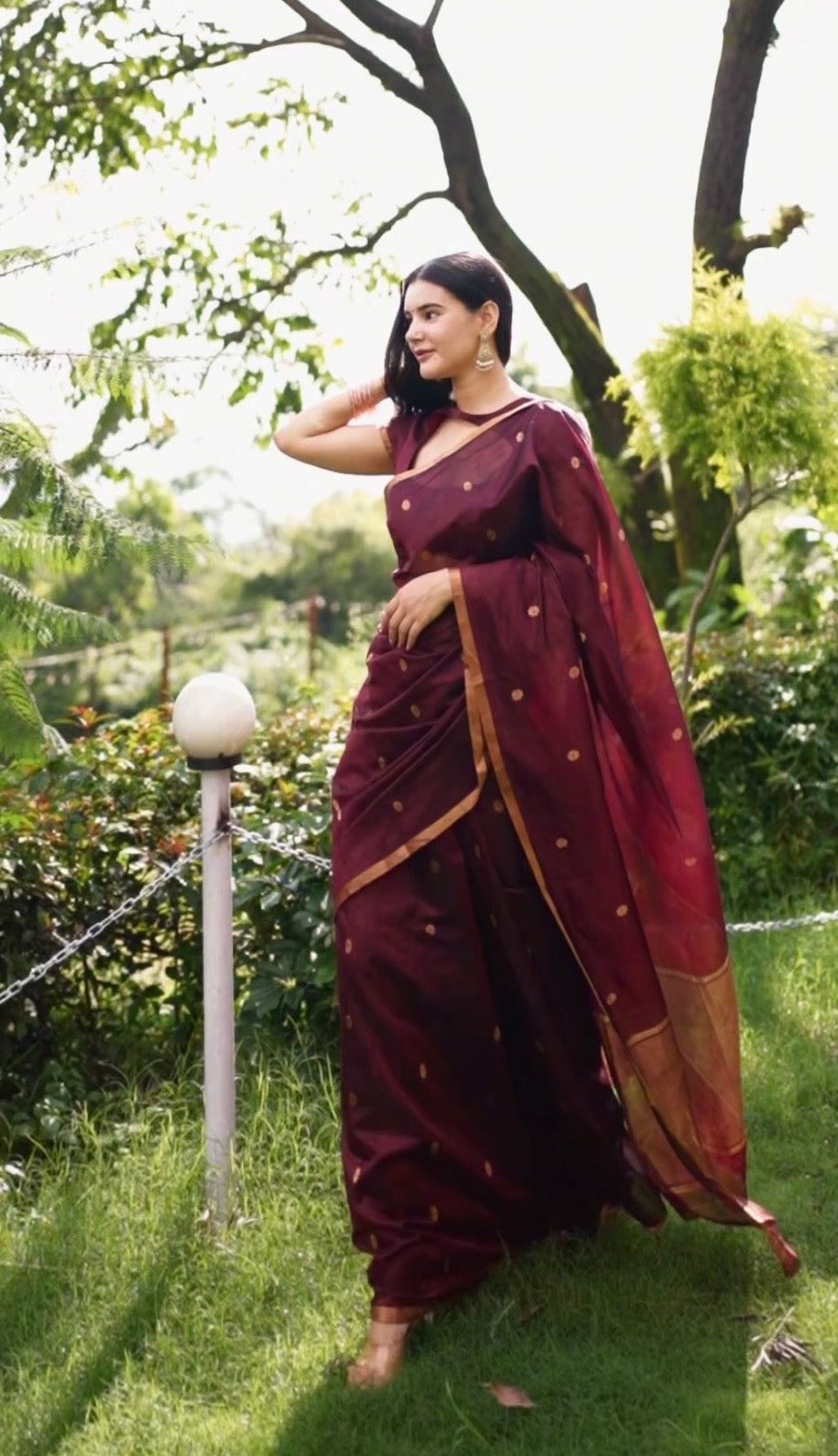 Mahogany Chanderi silk saree with flower bootis all over