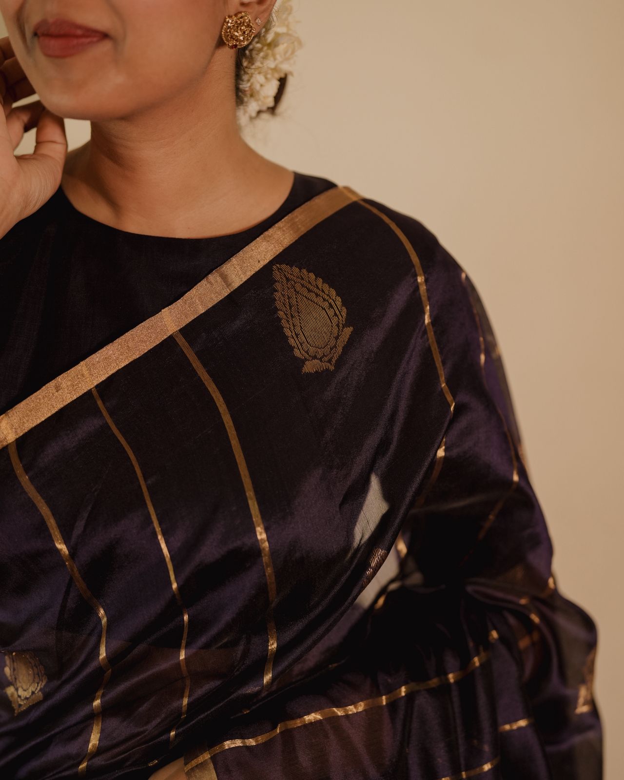 Midnight blue Chanderi silk saree with zari motifs all over