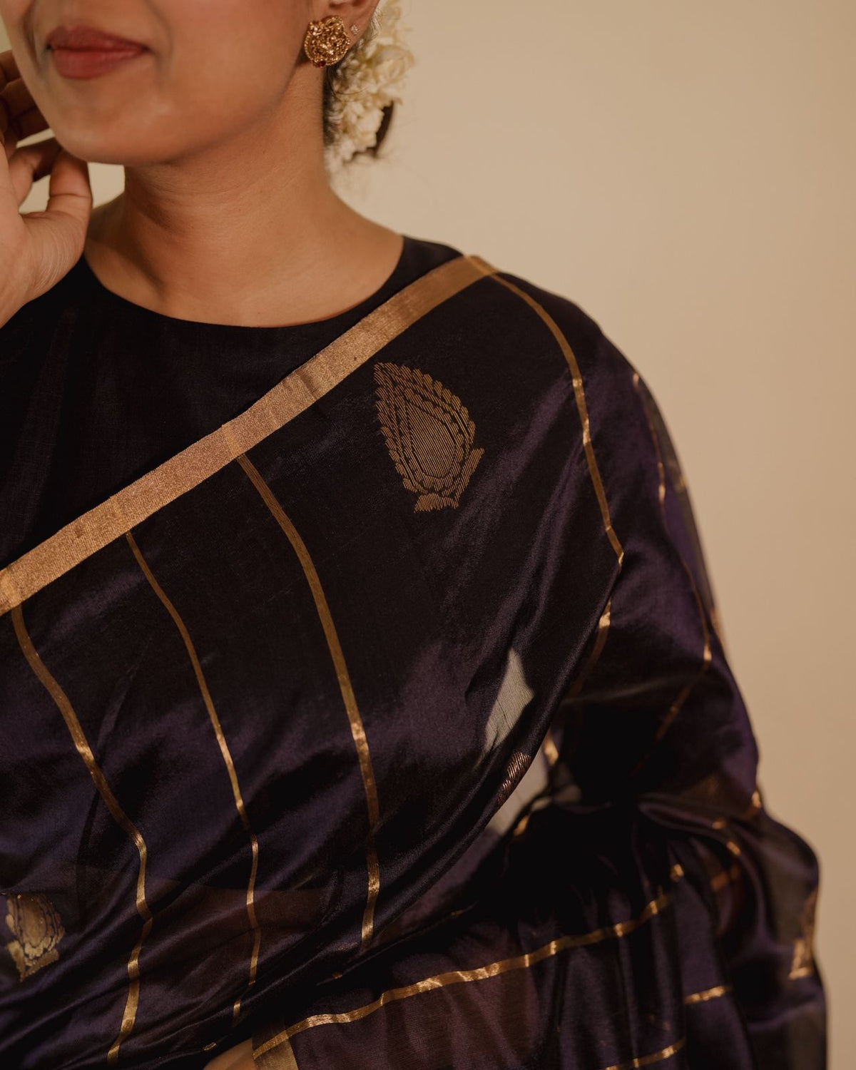 Midnight blue Chanderi silk saree with zari motifs all over