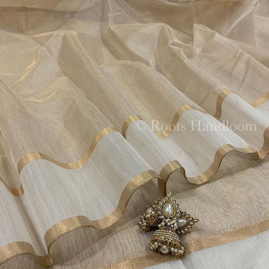 Cream gold Chanderi tissue silk saree with Zari Pallu
