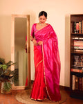 Chili Red and pink Chanderi silk saree with tassels on pallu
