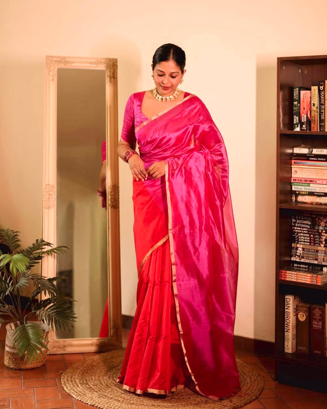 Chili Red and pink Chanderi silk saree with tassels on pallu