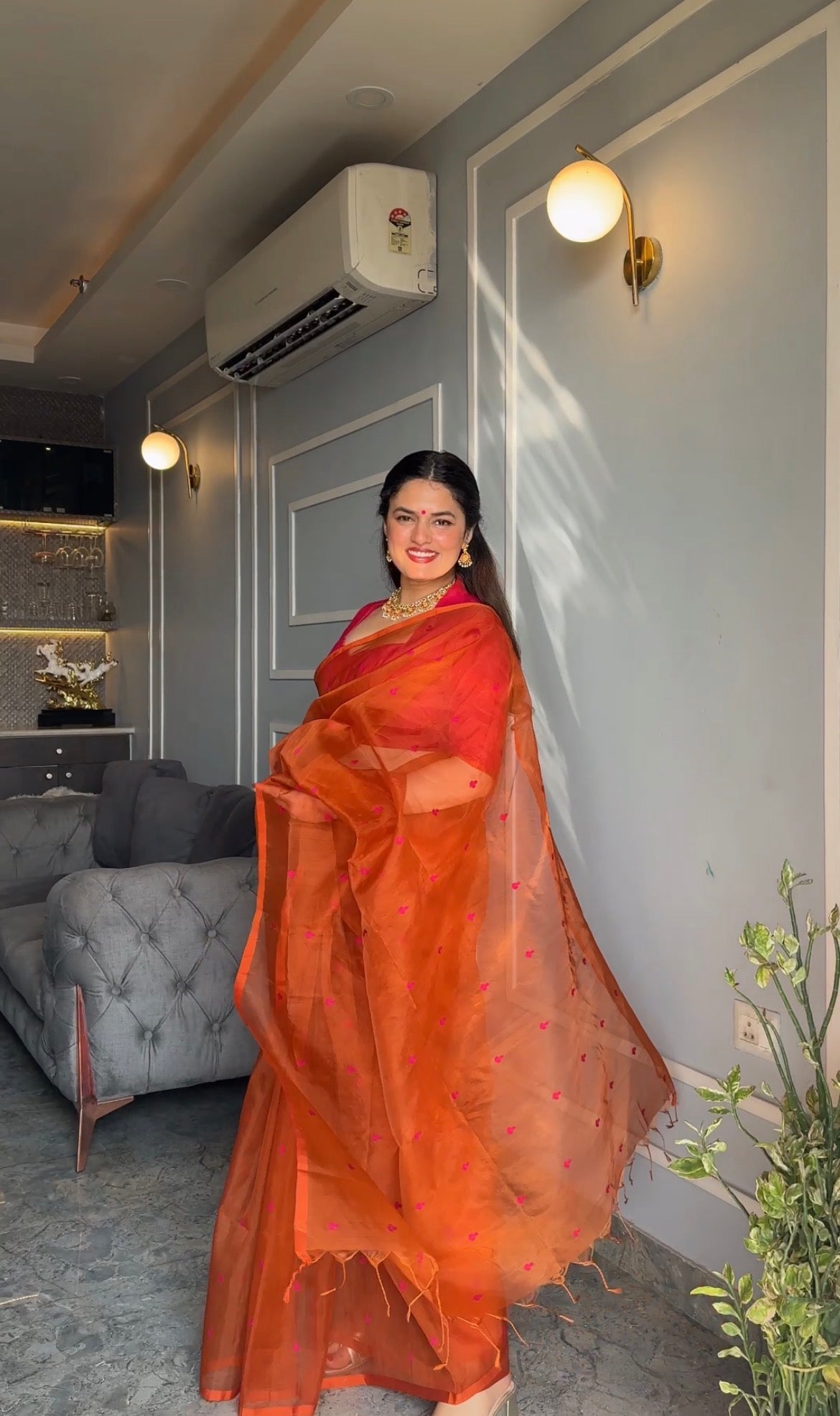 Burnt orange and pink Chanderi silk saree with resham bootis all over