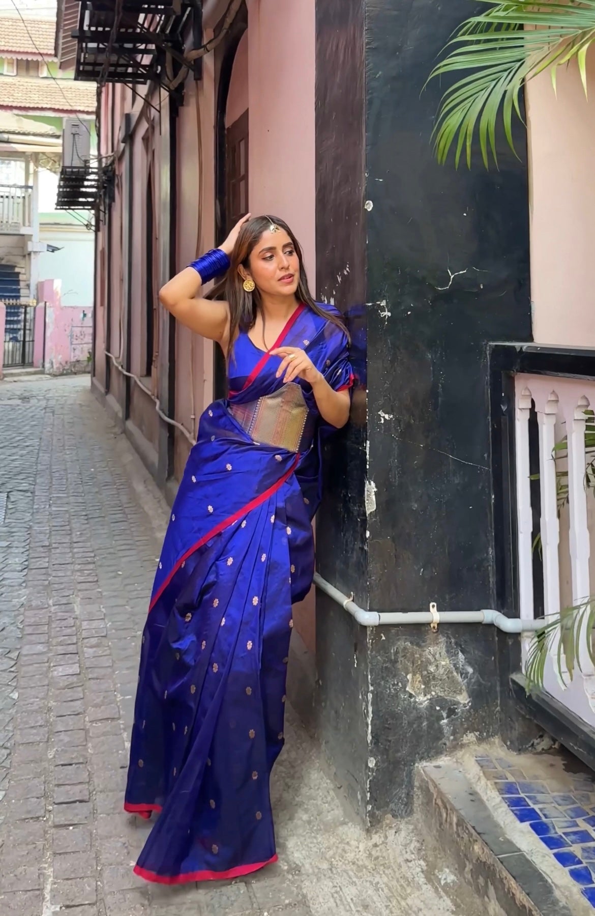 Dark blue Chanderi silk saree with flower bootis all over