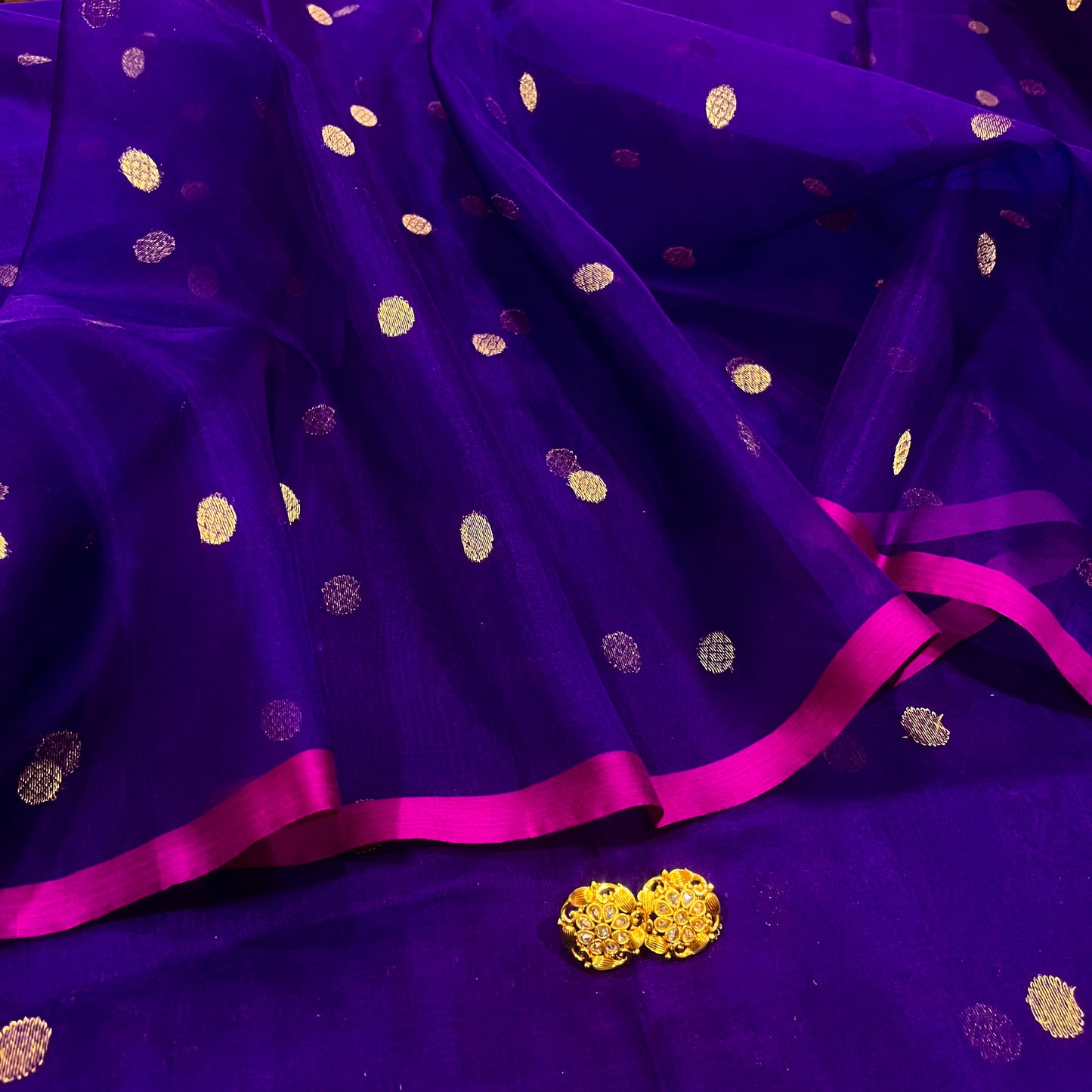 Dark Purple & Pink Chanderi silk saree with zari bootis all over