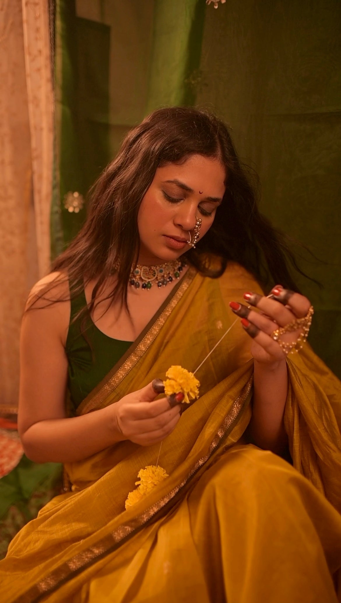 Mustard & green Maheshwari saree with flower bootis all over