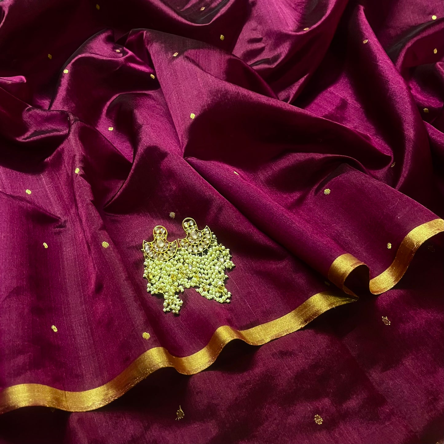 Dark Plum Chanderi silk saree with zari bootis all over