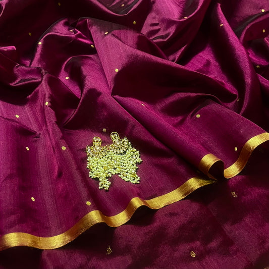 Dark Plum Chanderi silk saree with zari bootis all over