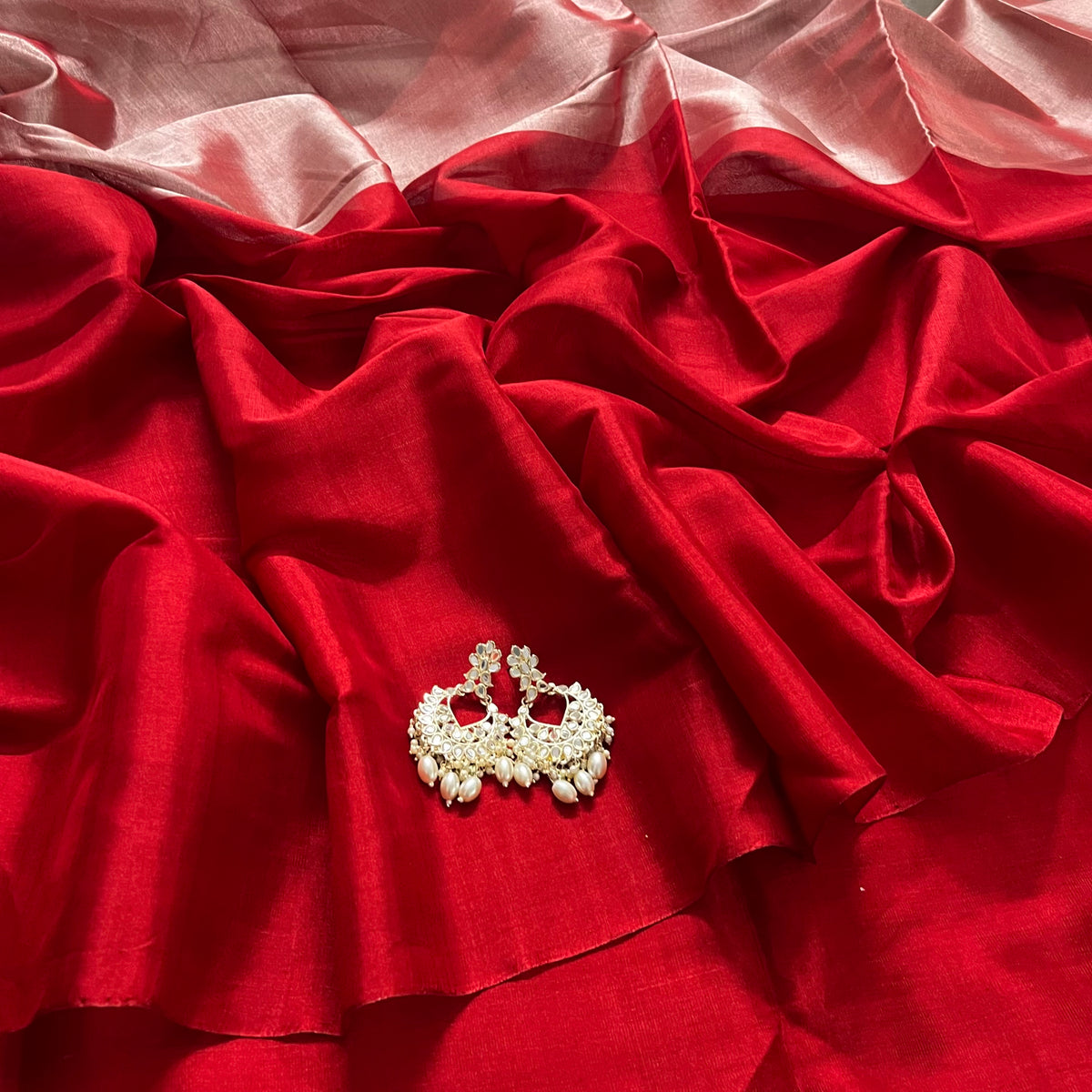 Silver and red chanderi tissue silk saree
