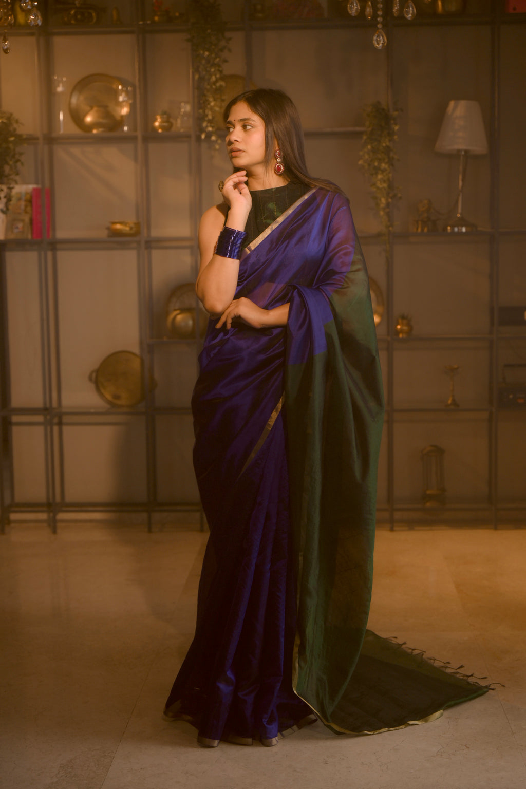Indigo and green Chanderi silk saree with zari border