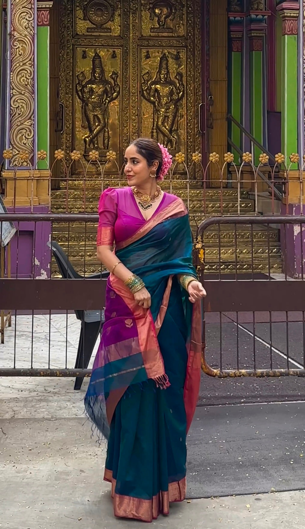 Peacock and Violet dual tone Maheshwari saree with flower motifs on pallu