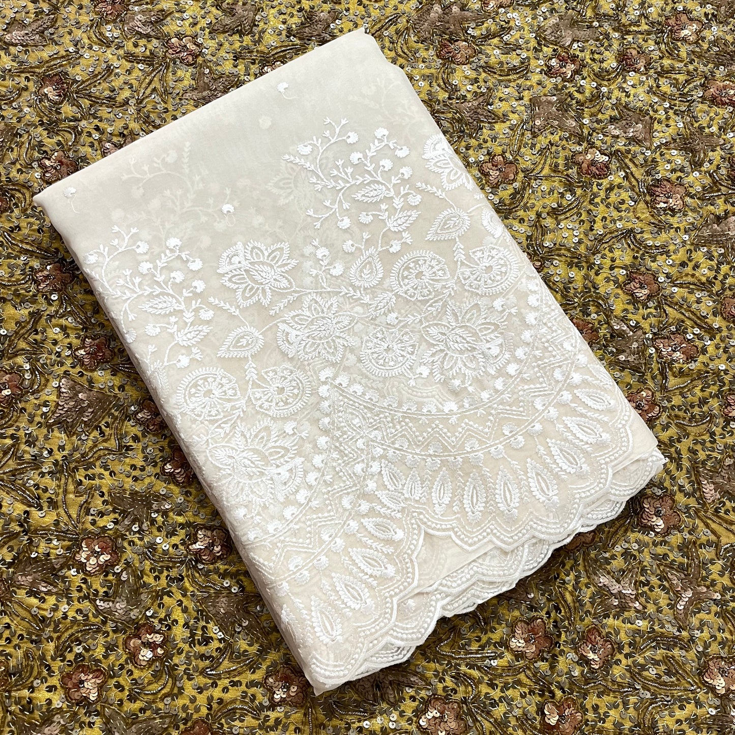 Pearl white banarasi organza silk saree with threadwork all over