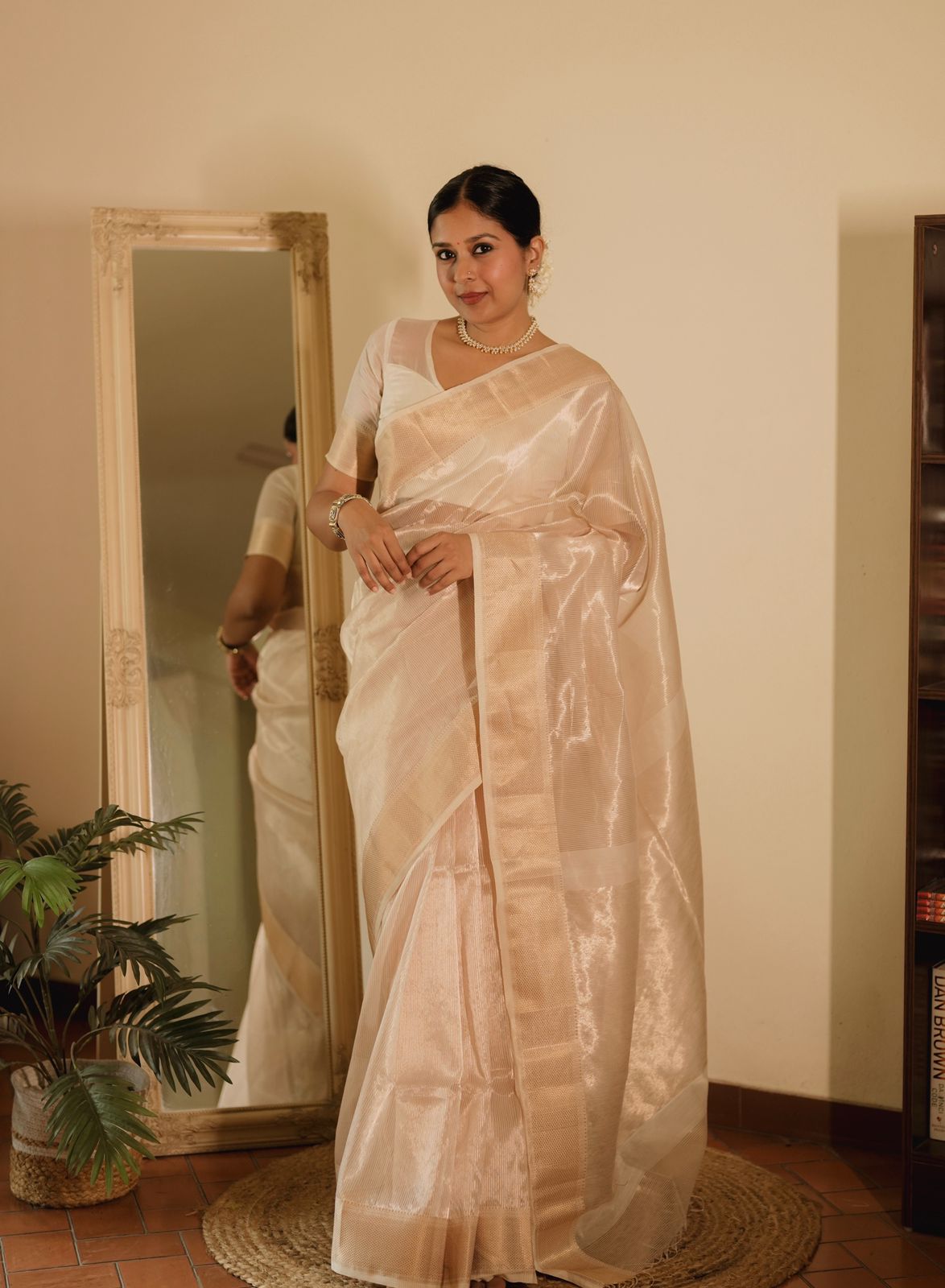 Off white gold Maheshwari saree with zari lines all over