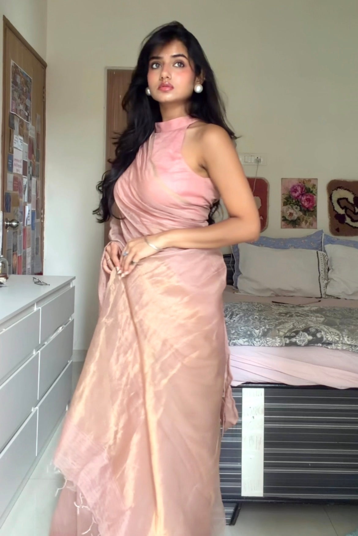 Pastel Pink Maheshwari saree with zari lines all over