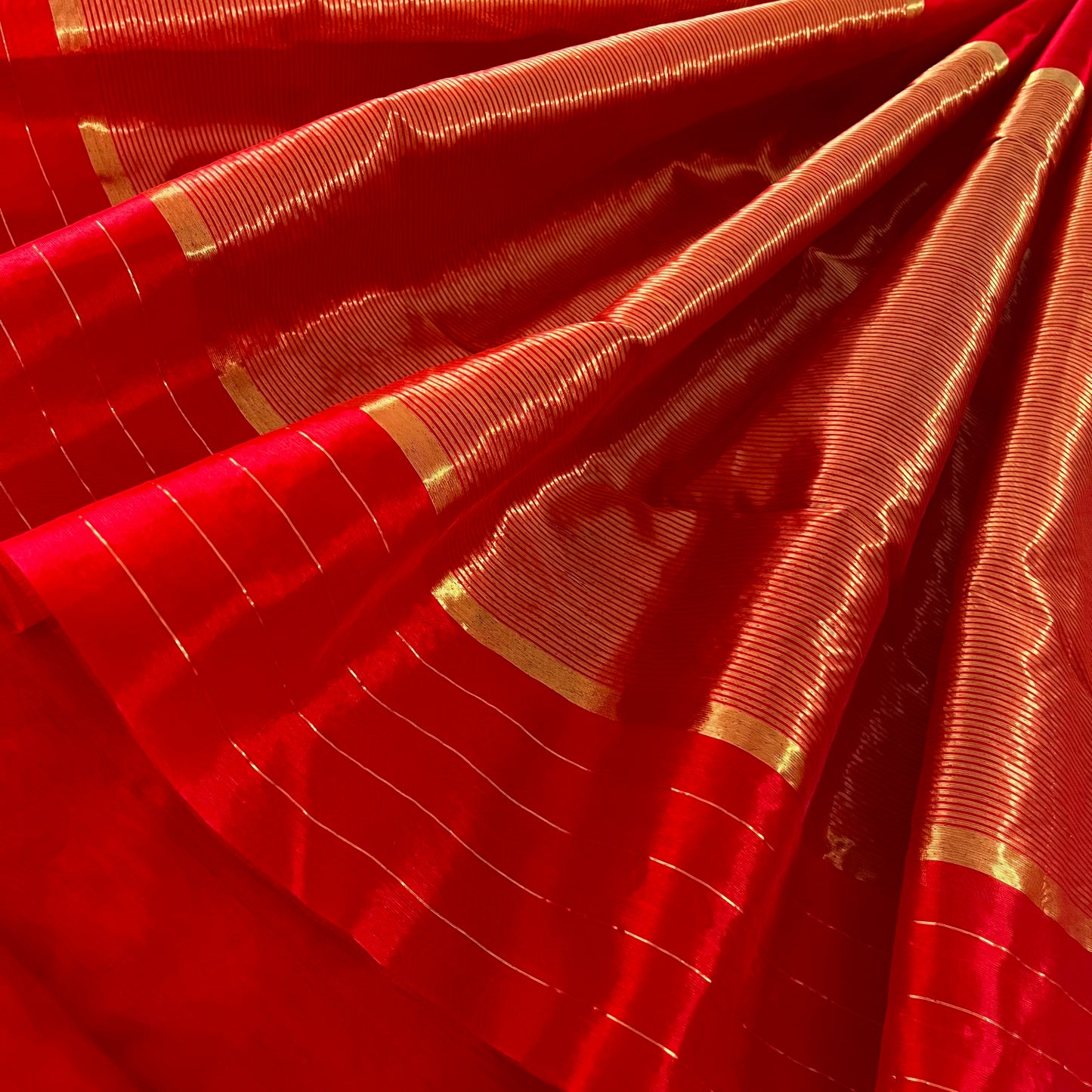 Red Chanderi silk saree with mor motifs all over