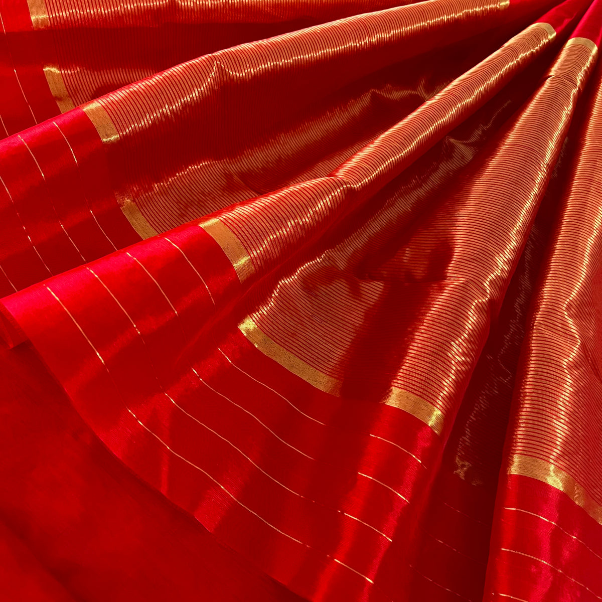 Red Chanderi Silk Saree with Mor Motifs all over