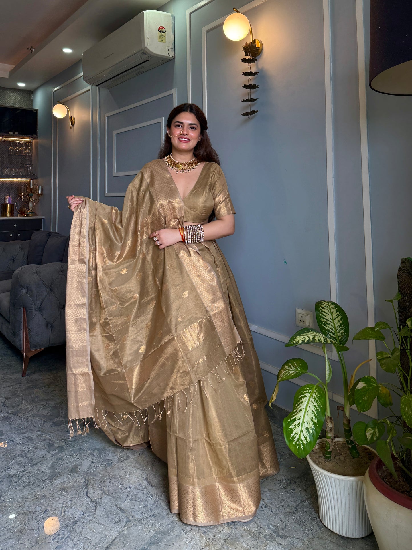 Antique gold maheshwari tissue silk saree with flower motifs all over