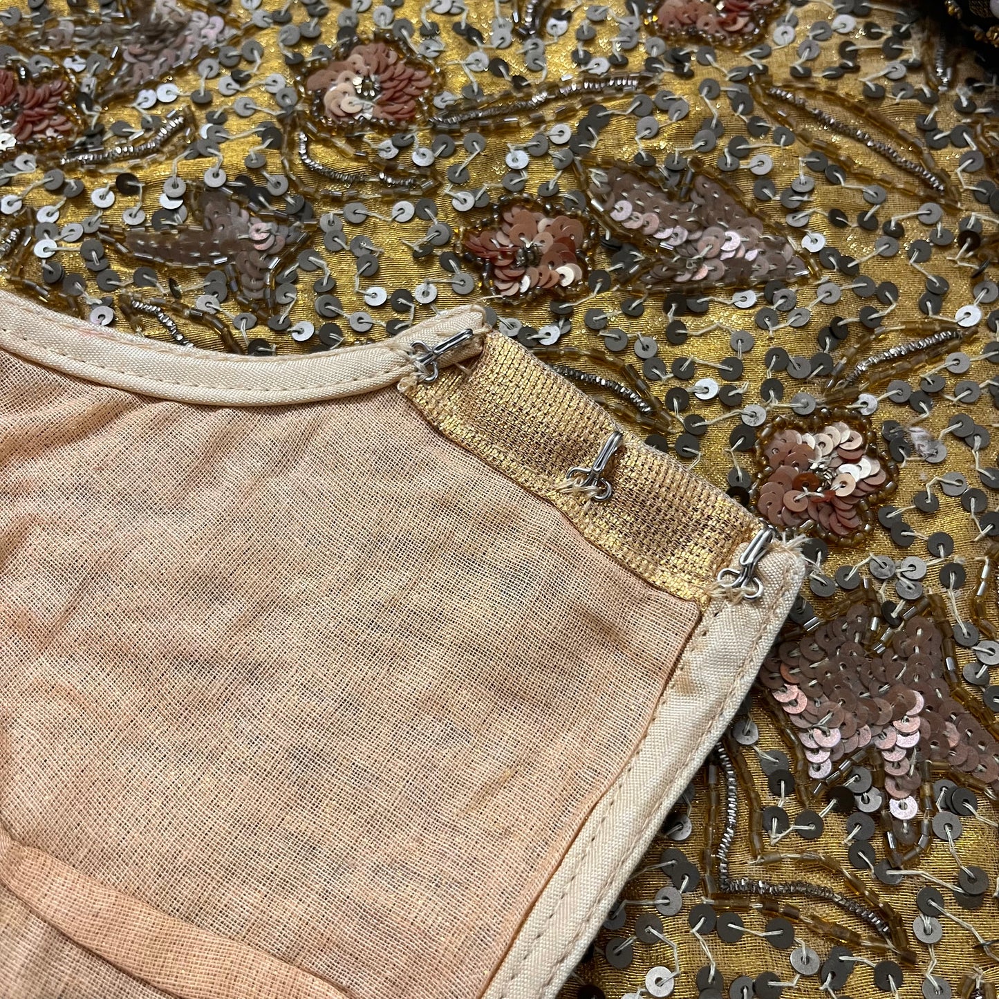 Beige gold stitched blouse with mirror work