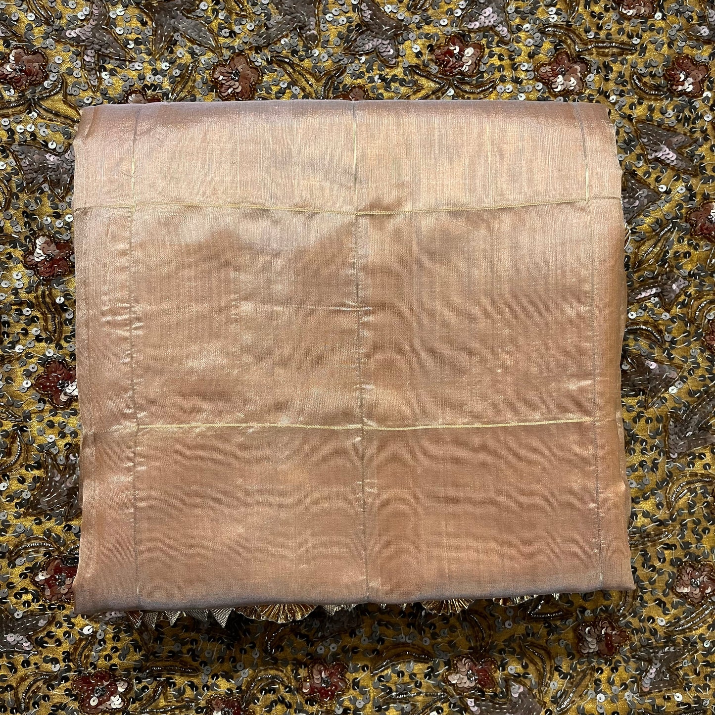 Sand beige Chanderi silk saree with zari checks all over and gota border