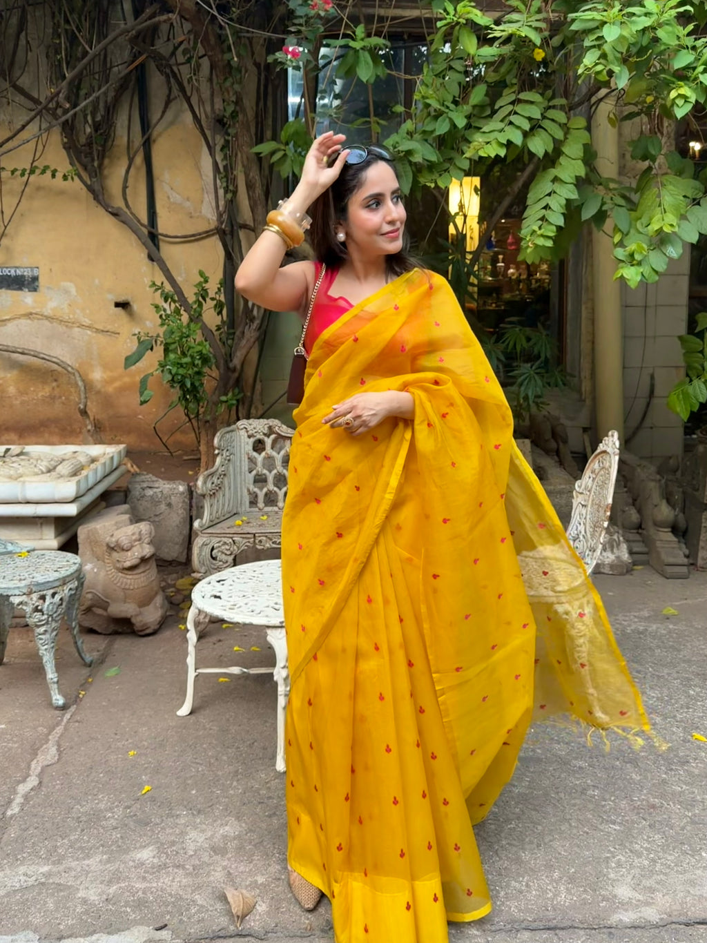 Mustard and pink Chanderi silk saree with resham bootis all over