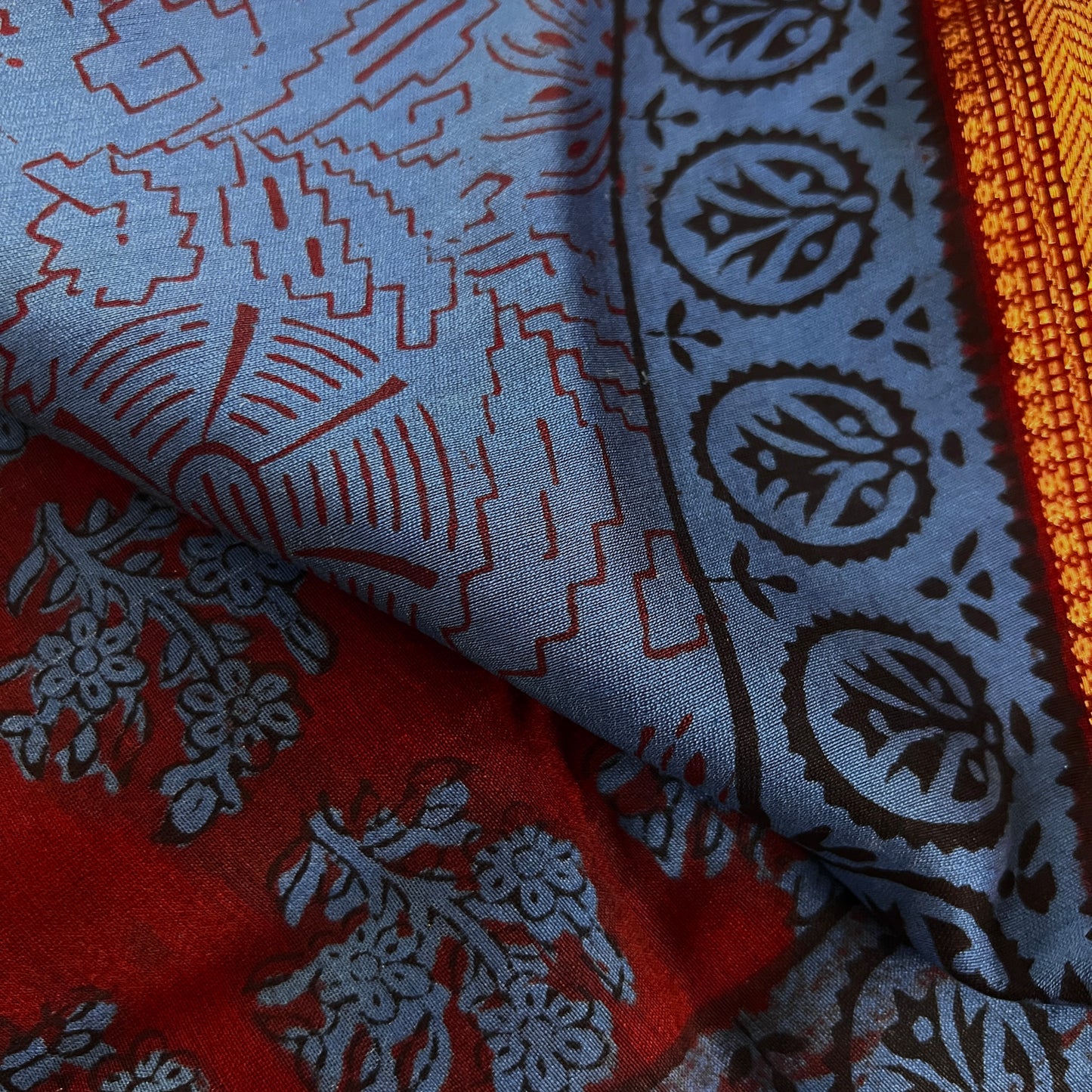 Maroon and blue bagh print Maheshwari saree