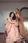Peachish Pink Maheshwari saree with Silver Zari lines all over