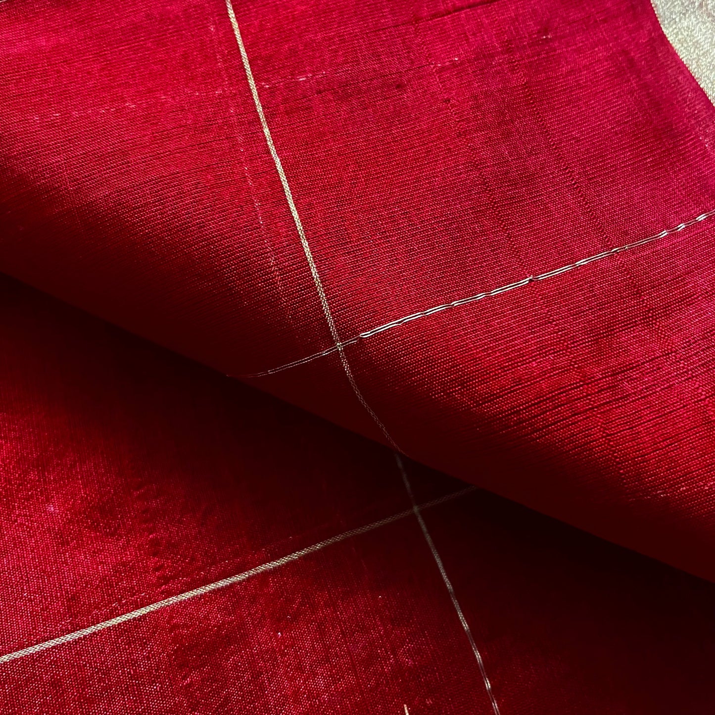 Deep red chanderi silk saree with zari checks all over