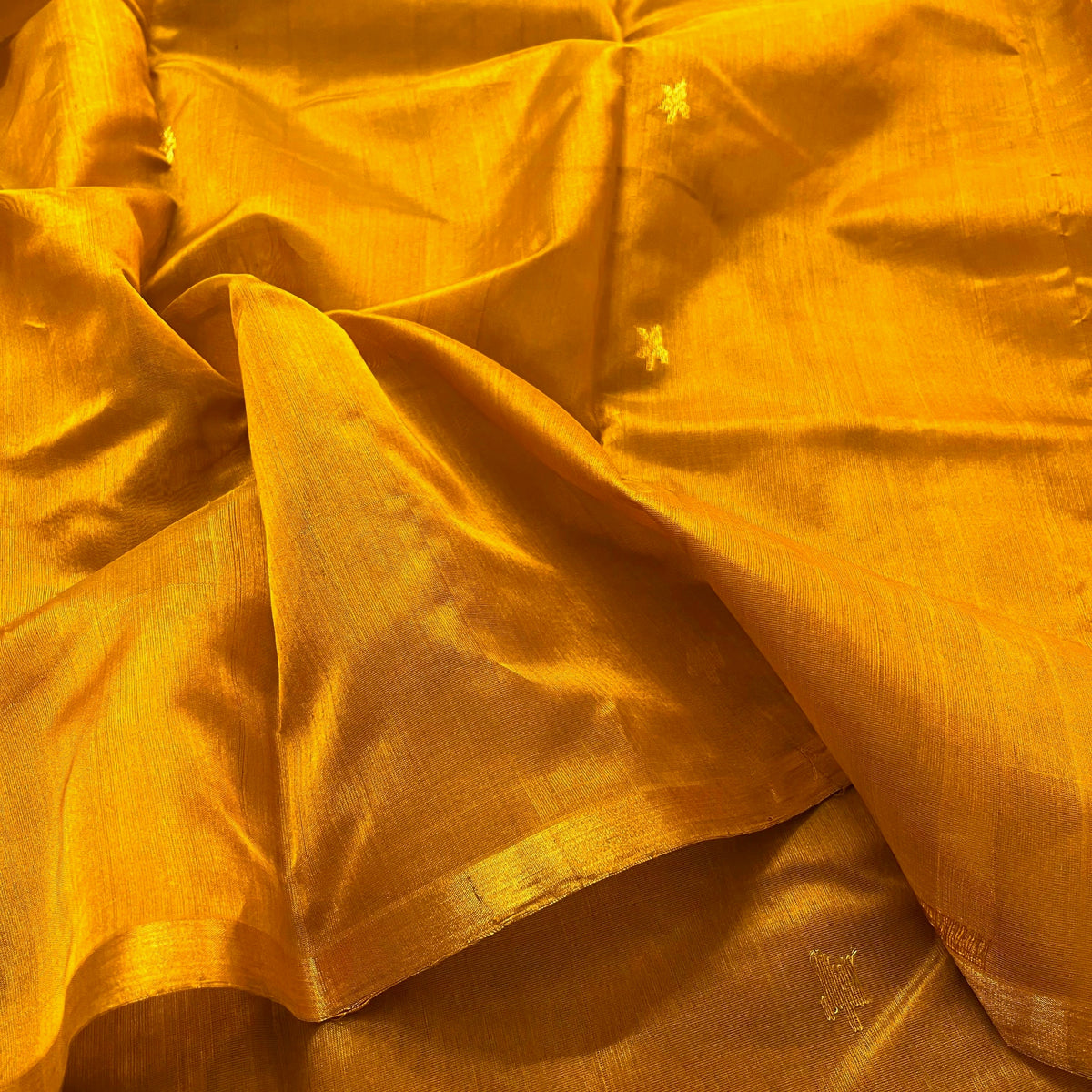 Ready to wear | Mustard Gold Chanderi Silk Saree with Flower Bootis all over