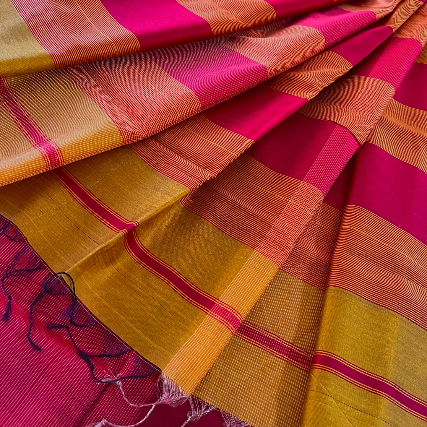 Red and Mustard striped Maheshwari saree
