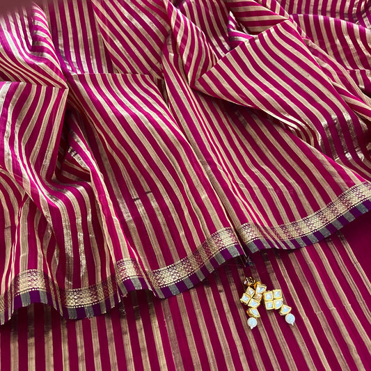 Dark pink Maheshwari saree with zari stripes all over