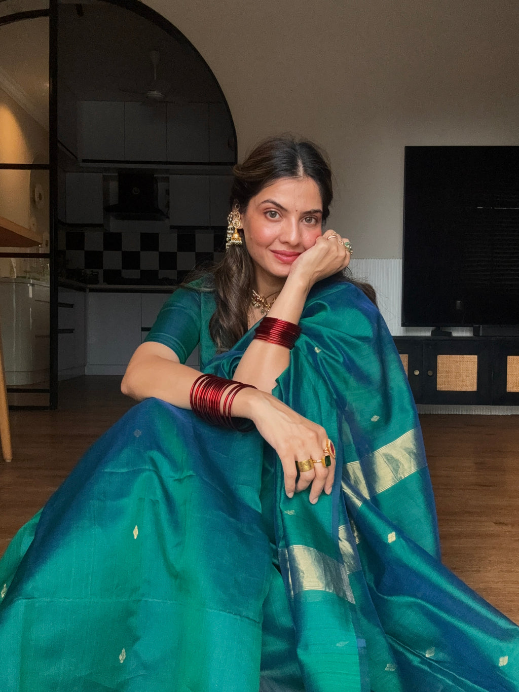 Ready to wear | Peacock Green & Blue Dual Tone Maheshwari Saree with Zari Bootis all over