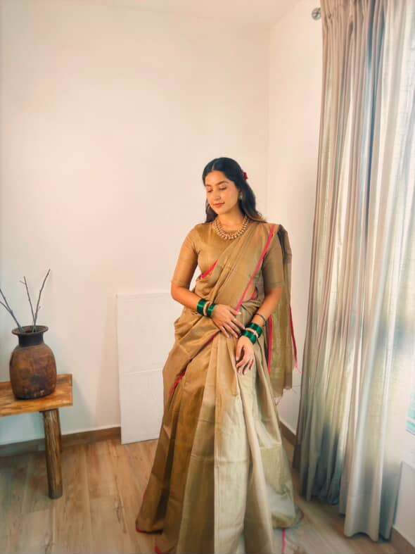 Antique gold & pink maheshwari tissue silk saree with zari lines on pallu