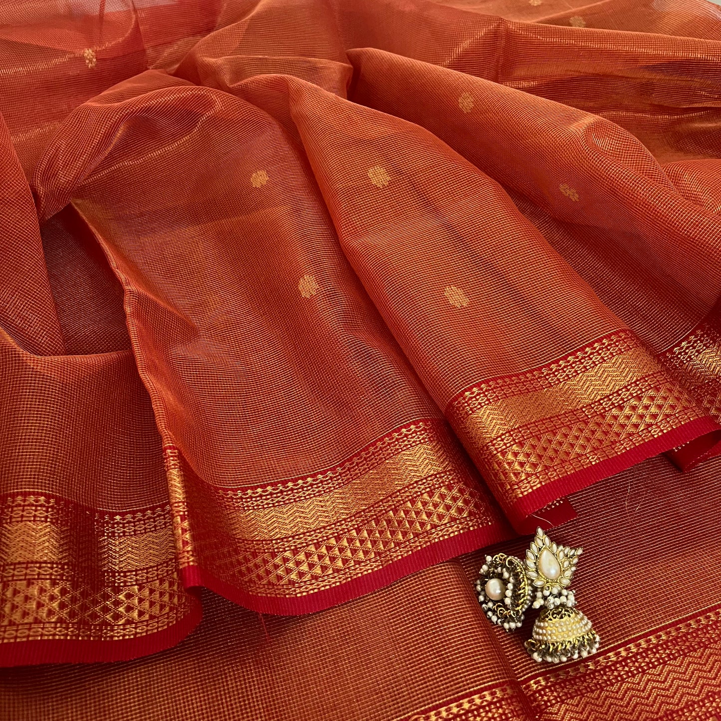 Red and gold Maheshwari silk saree with zari jaal work on pallu
